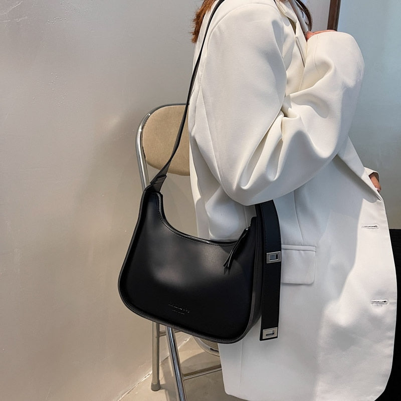 Popular Shoulder Bag Wide Shoulder Strap Bag New Fashion Lady Luxury Simple Underarm Bag Retro Solid Color Messenger Bag