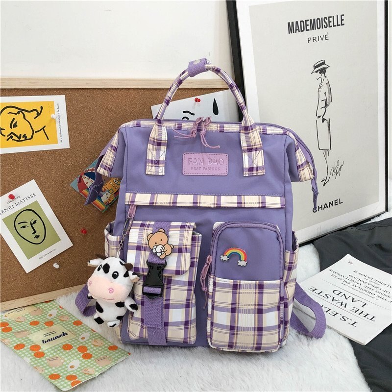 Vintage Casual Women Plaid Purple Backpacks New Fashion Black Cow Pattern Travel Bag for Teenager Girls Backpack School Bag