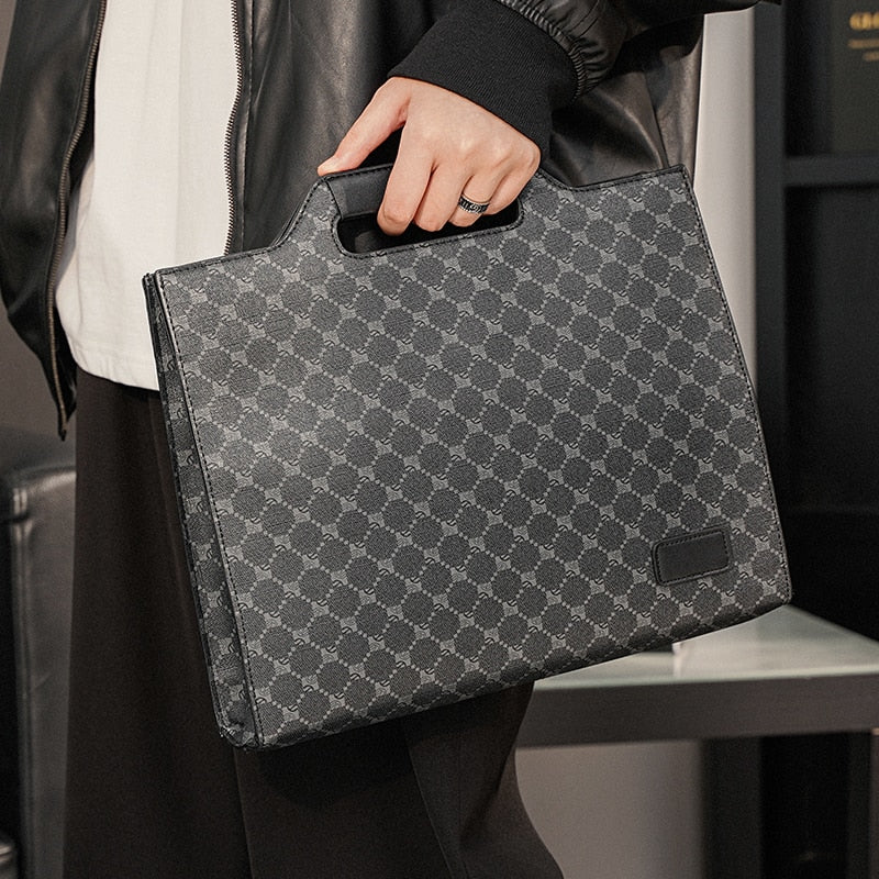 New Luxury Brand Designer Plaid Leather Briefcase Work Office Laptop Handbag Zipper iPad Document Stereotyped Bag Male Satchels