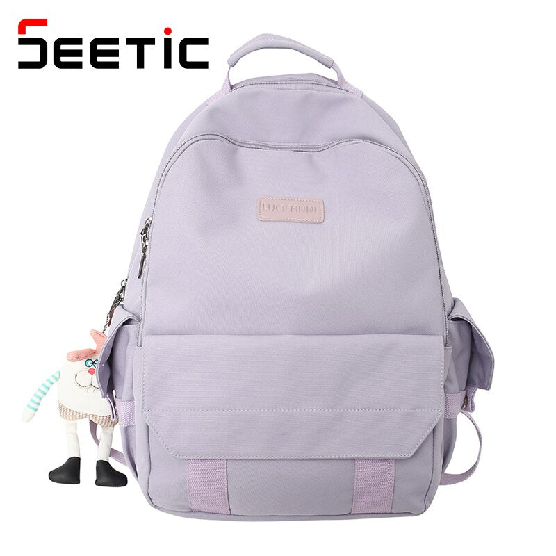 SEETIC Fashion Women School Backpacks Solid Color Famale Backpack Waterproof Nylon Student Backpack Women Casual Schoolbag