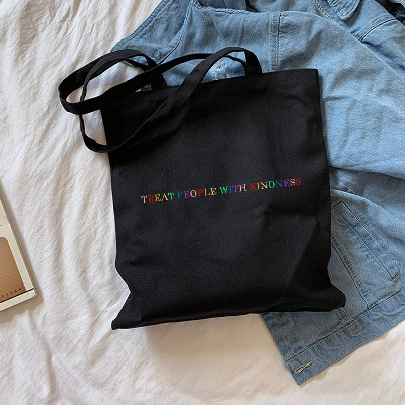 YWBK Women Bag Fashion Canvas Treat People with Kindness Letter Casual Big Capacity Harajuku WomenNew Fun Vintage Shoulder Bag