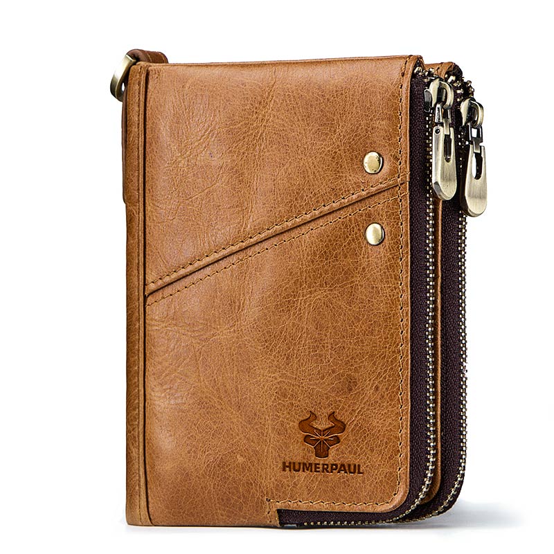 RFID Blocking Men's Wallets With Chain High Quality Cowhide Zipper Coin Pocket Card Holder Anti-Theft Chain Clutch Money Bag
