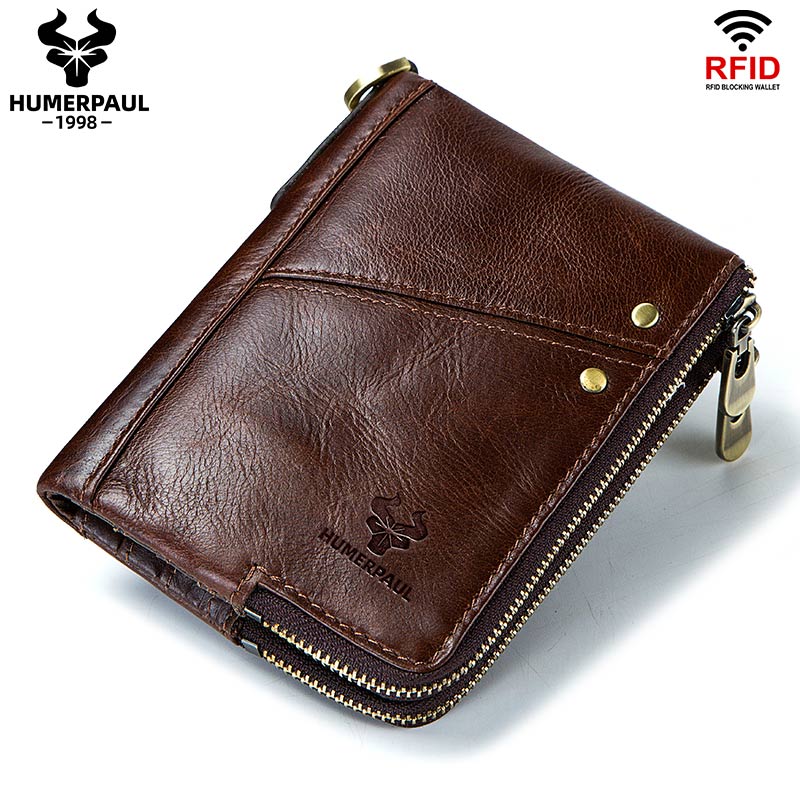 RFID Blocking Men's Wallets With Chain High Quality Cowhide Zipper Coin Pocket Card Holder Anti-Theft Chain Clutch Money Bag