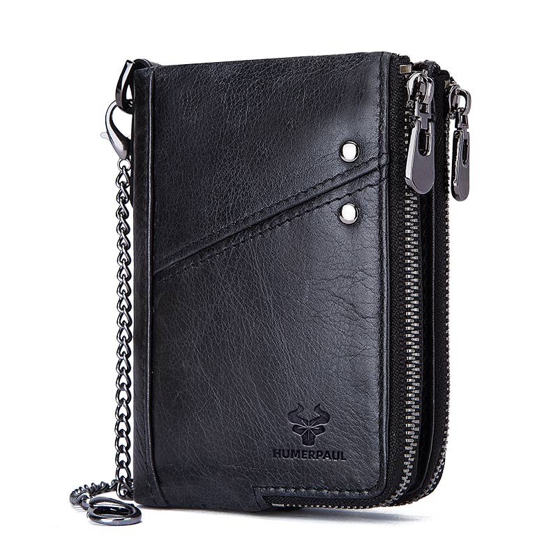RFID Blocking Men's Wallets With Chain High Quality Cowhide Zipper Coin Pocket Card Holder Anti-Theft Chain Clutch Money Bag