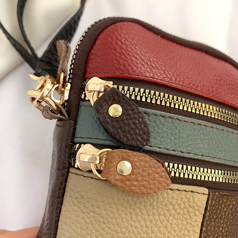100% Genuine Leather Women Shoulder Bag Multi Zipper Soft Cowhide Girls Small Mobile Phone bag Color Stitching Color Random