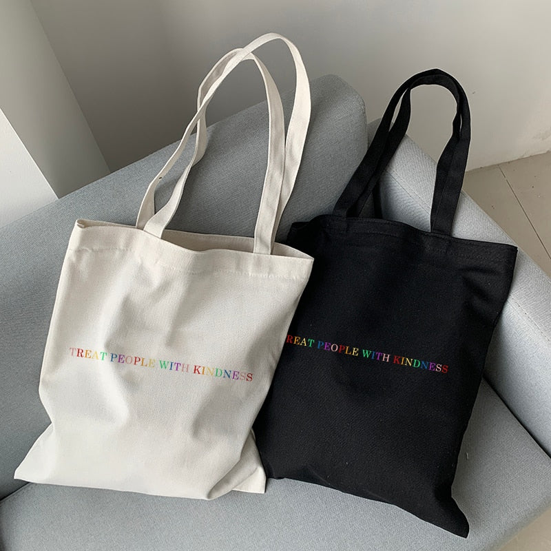 YWBK Women Bag Fashion Canvas Treat People with Kindness Letter Casual Big Capacity Harajuku WomenNew Fun Vintage Shoulder Bag