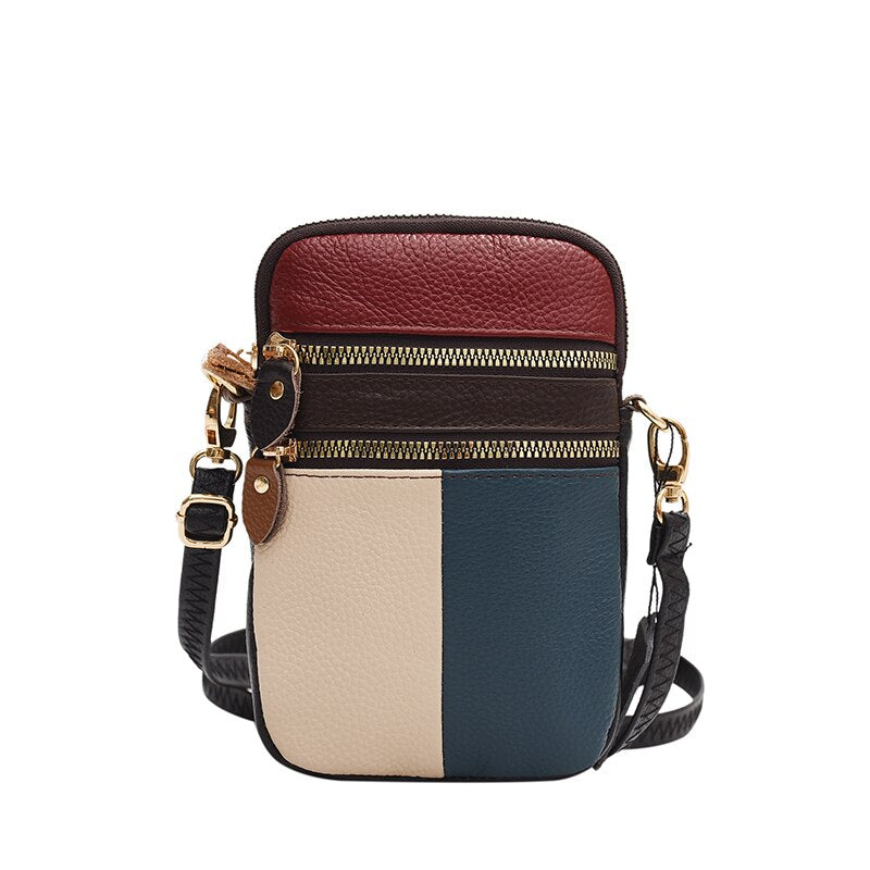100% Genuine Leather Women Shoulder Bag Multi Zipper Soft Cowhide Girls Small Mobile Phone bag Color Stitching Color Random