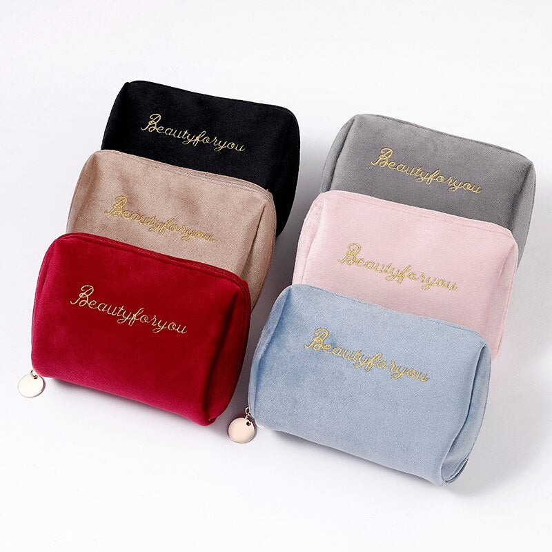 PURDORED 1 Pc Gold Thread Embroidery Cosmetic Bag for Women Vintage Velvet Make Up Bag Travel Solid Color Female Make Up Pouch