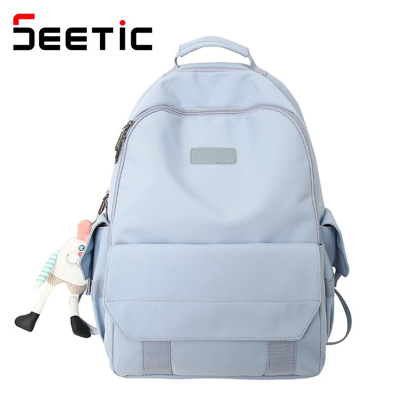 SEETIC Fashion Women School Backpacks Solid Color Famale Backpack Waterproof Nylon Student Backpack Women Casual Schoolbag