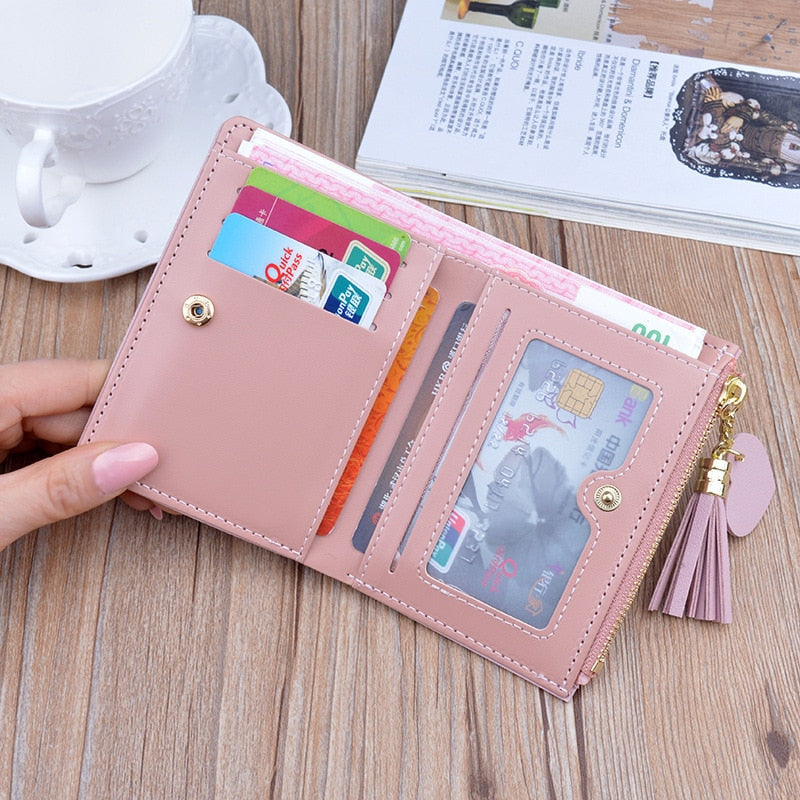 New Arrival Short Women Wallets Tassel Zipper Purse Patchwork Fashion Panelled Wallets Trendy Coin Purse Card Holder Leather