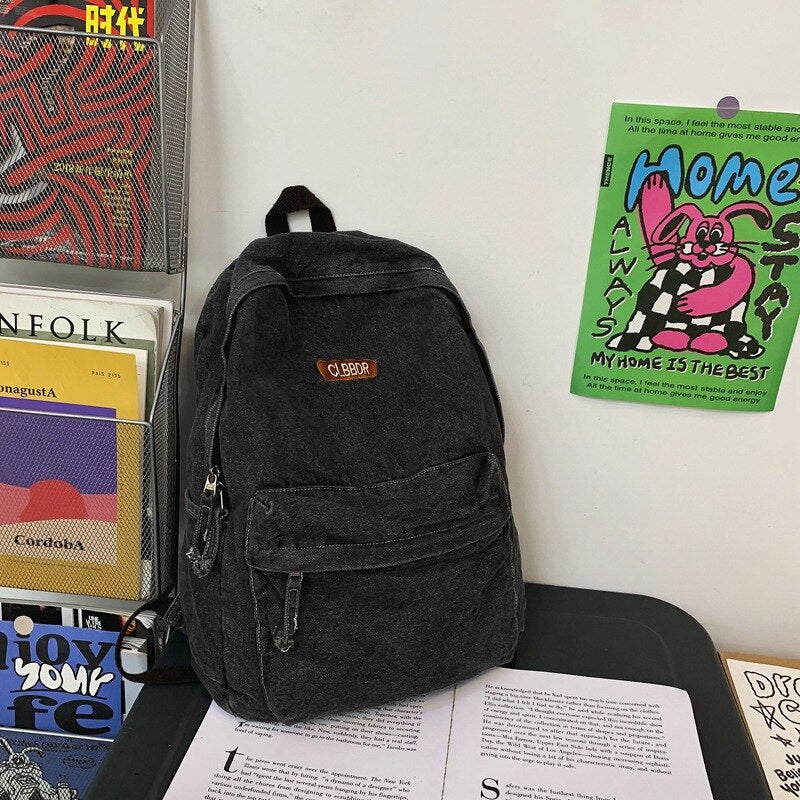 Female Casual Denim Big Capacity Backpack Back To School 90s Fashion Y2K Travel Casual Street Cloth Textile Book Laptop Rucksack