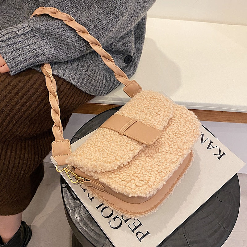 Winter Women's Shoulder Bag Messenger Weave Strap Saddle Armpit Bag New High-quality Plush Fur Bag Women's Handbag Designer