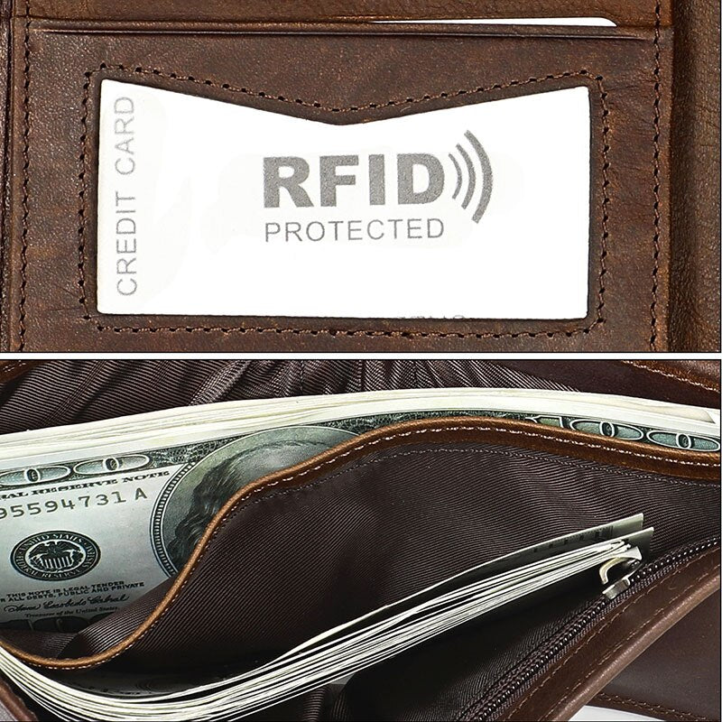 RFID Genuine Leather Men Wallets Short Vintage Card Holder Zipper Coin Pocket Male Wallet Photo Holder Multifunction Men Purses