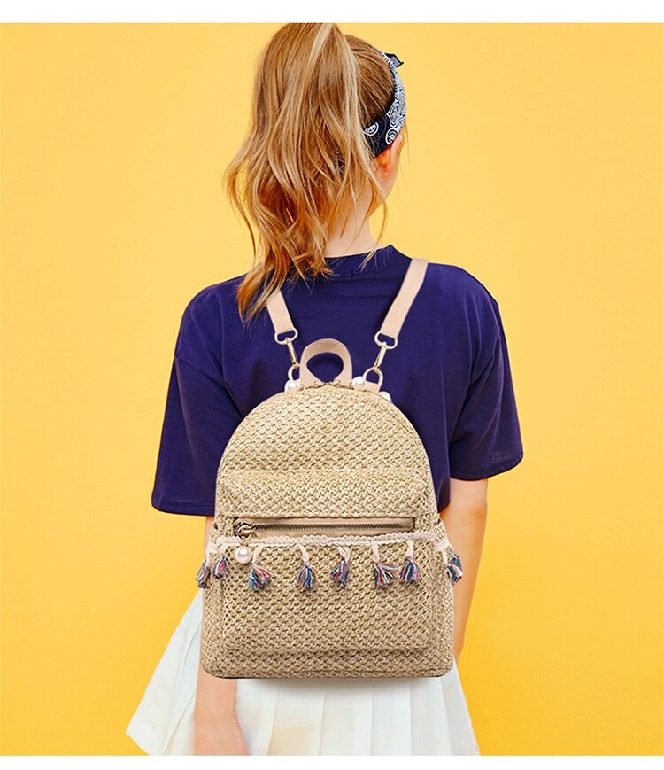Fashion Tassels Women Backpacks Straw female Shoulder bag National Beach Backpack Teenage Girl Travel Rucksack bags bolsa khaki