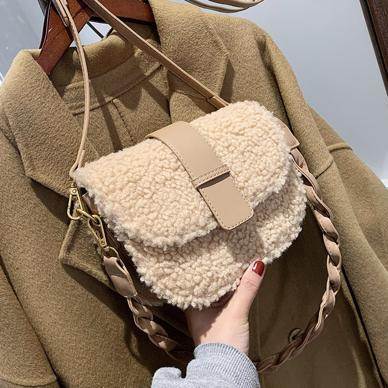 Winter Women's Shoulder Bag Messenger Weave Strap Saddle Armpit Bag New High-quality Plush Fur Bag Women's Handbag Designer