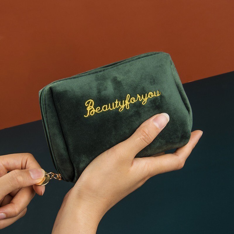 PURDORED 1 Pc Gold Thread Embroidery Cosmetic Bag for Women Vintage Velvet Make Up Bag Travel Solid Color Female Make Up Pouch