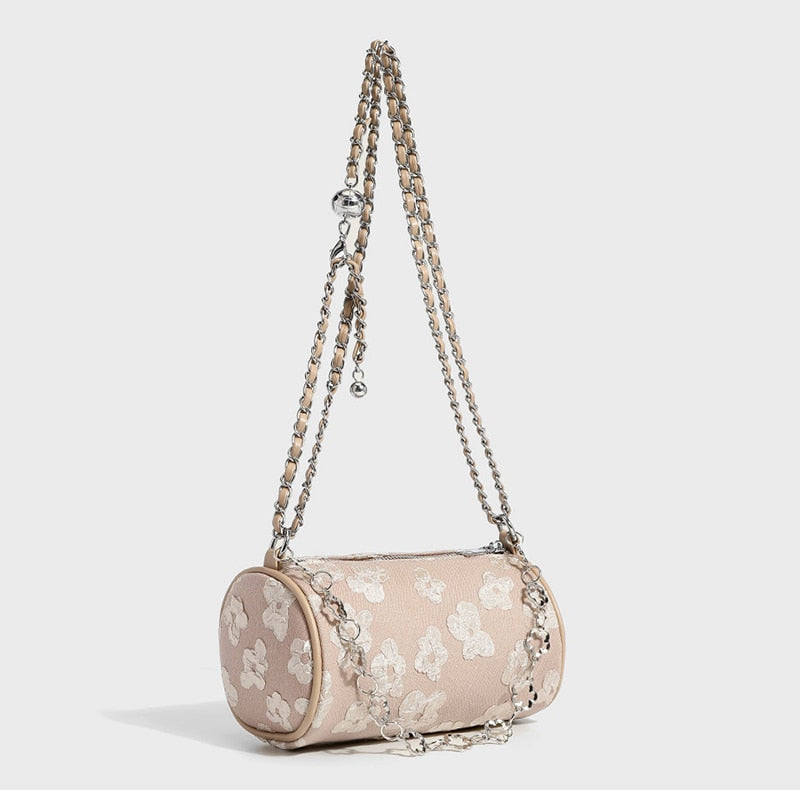 Canvas Chain Mini Shoulder Crossbody Bag Woman Flower Zipper Underarm Bags Solid Color All-Match Boston Barrel Handbag
