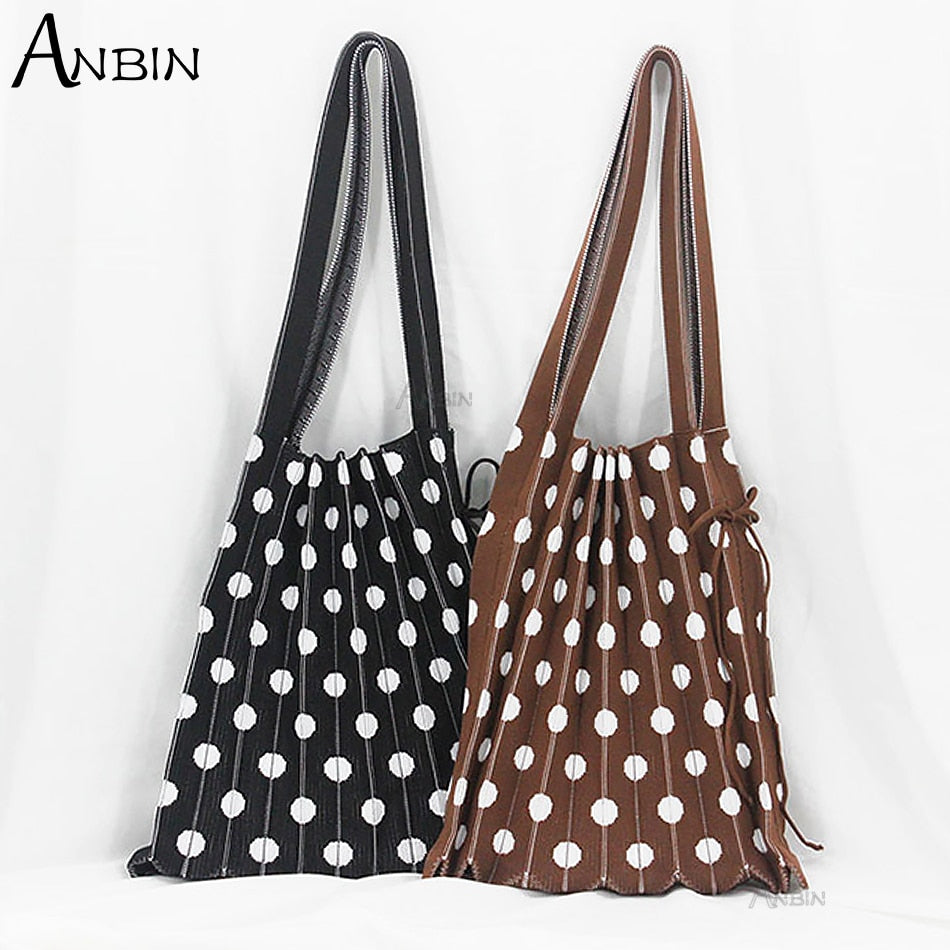 Women's Polka Dot Pleated Bag Folded Contrast Color Wool Knit Female Fashion Shoulder Handbag Organ Large Capacity Shopping Tote