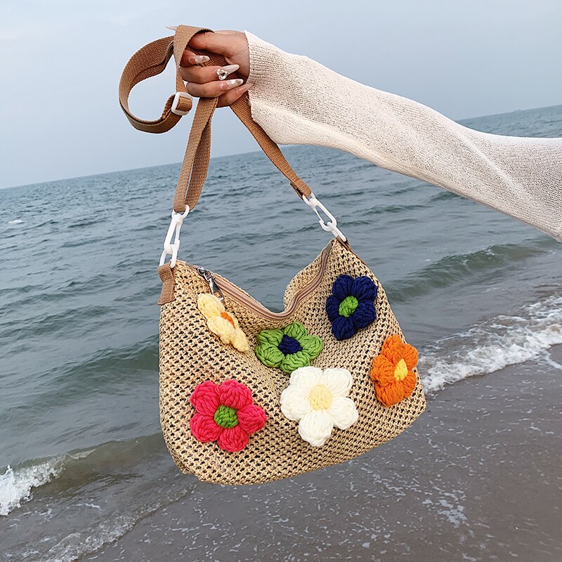 Fashion Straw Beach Bag Lady Girls Boho Handade Woven Shoulder Bags Raffia Rattan Handbag Knitted Floral Travel Messenger Bag