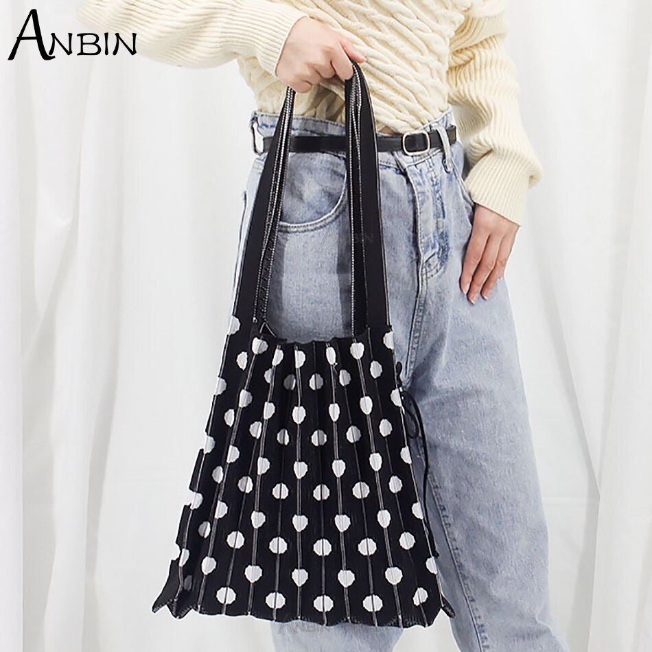 Women's Polka Dot Pleated Bag Folded Contrast Color Wool Knit Female Fashion Shoulder Handbag Organ Large Capacity Shopping Tote