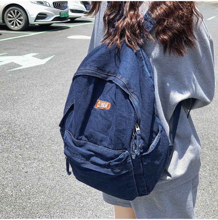 Female Casual Denim Big Capacity Backpack Back To School 90s Fashion Y2K Travel Casual Street Cloth Textile Book Laptop Rucksack