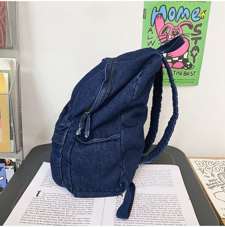 Female Casual Denim Big Capacity Backpack Back To School 90s Fashion Y2K Travel Casual Street Cloth Textile Book Laptop Rucksack