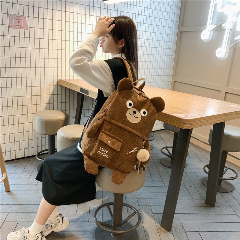 Japanese Corduroy Bear Backpacks for Cute Women Multi-pockets School Bags Large Capacity Backpack Teenger Girls Schoolbag Female