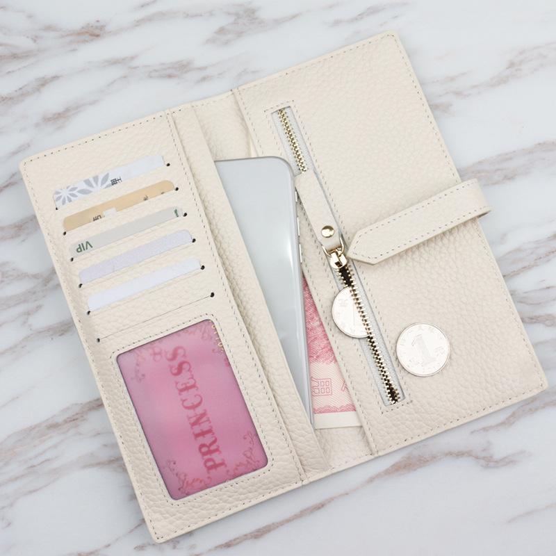 Genuine Leather Women Wallets Luxury Long Hasp Lychee Pattern Coin Purses Female Brand Solid Colors New Thin Clutch Phone Bag
