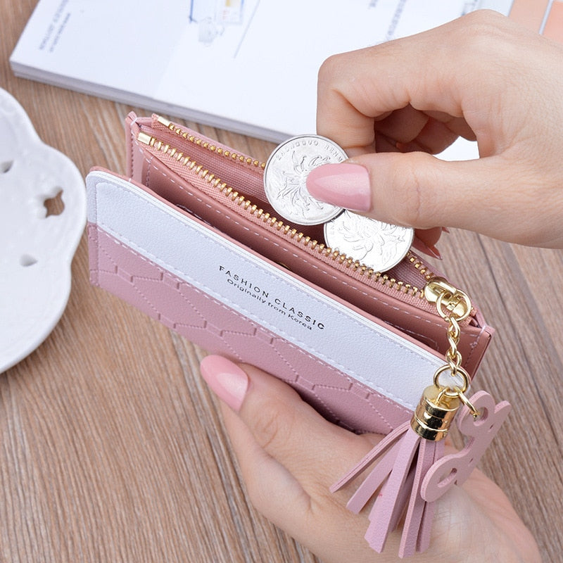New Arrival Short Women Wallets Tassel Zipper Purse Patchwork Fashion Panelled Wallets Trendy Coin Purse Card Holder Leather