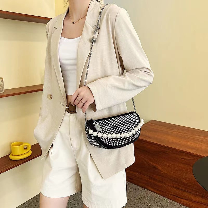 Summer Diamonds Waist Bag Fashion Pearl Chain Women's Belt Bag Luxury Shoulder Crossody Bag Chest Purse Fanny Packs