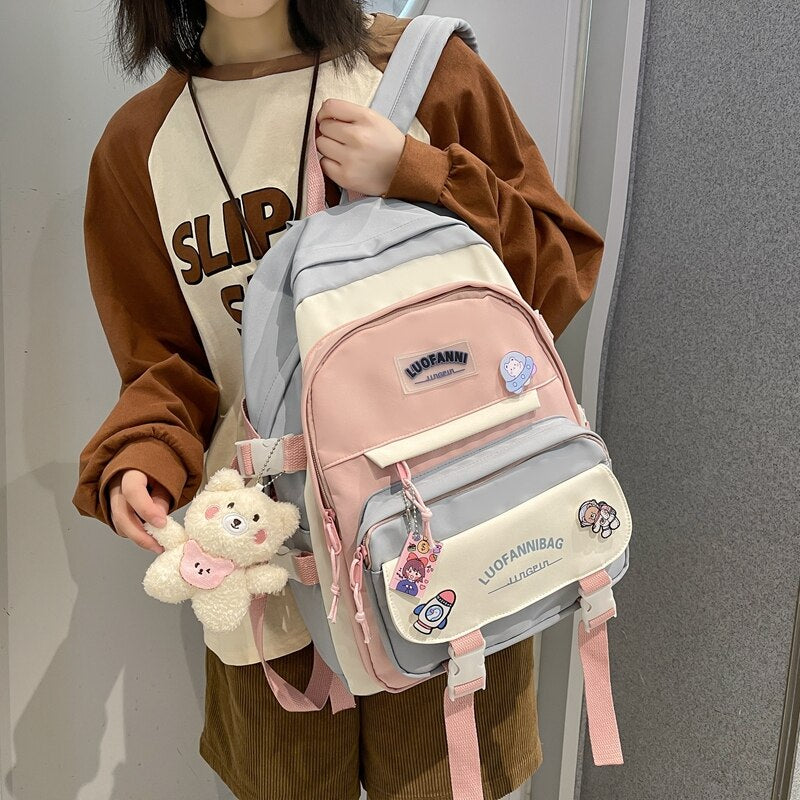 DCIMOR New Letter Printing Women Backpack Female Multi-pocket Contrast Color Nylon Book Bag College Ladies Schoolbag Girl Travel