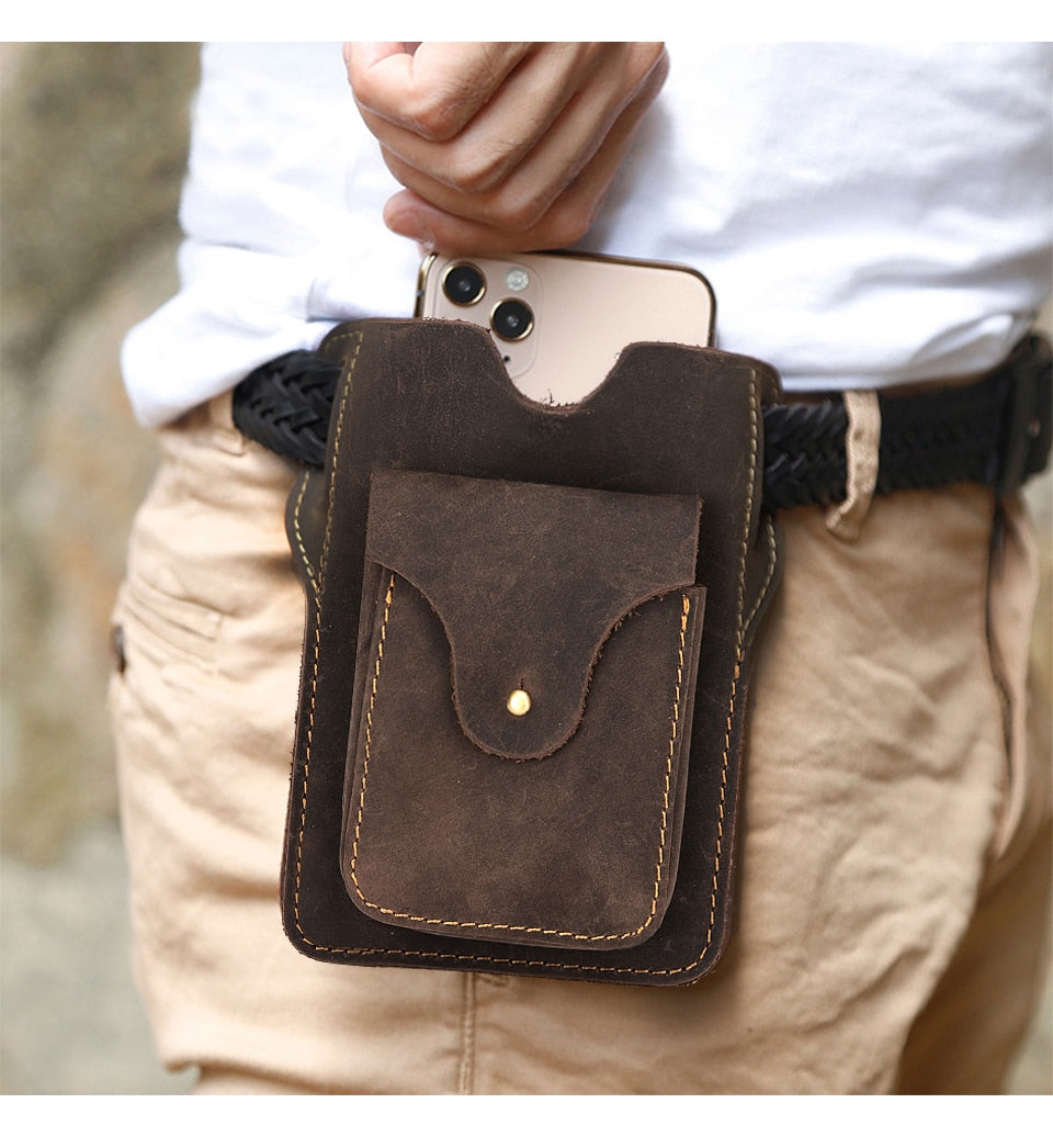 Real Leather men Casual Design Small Waist Bag Cowhide Fashion Hook Bum Bag Waist Belt Pack Cigarette Case 5.5" Phone Pouch 1609