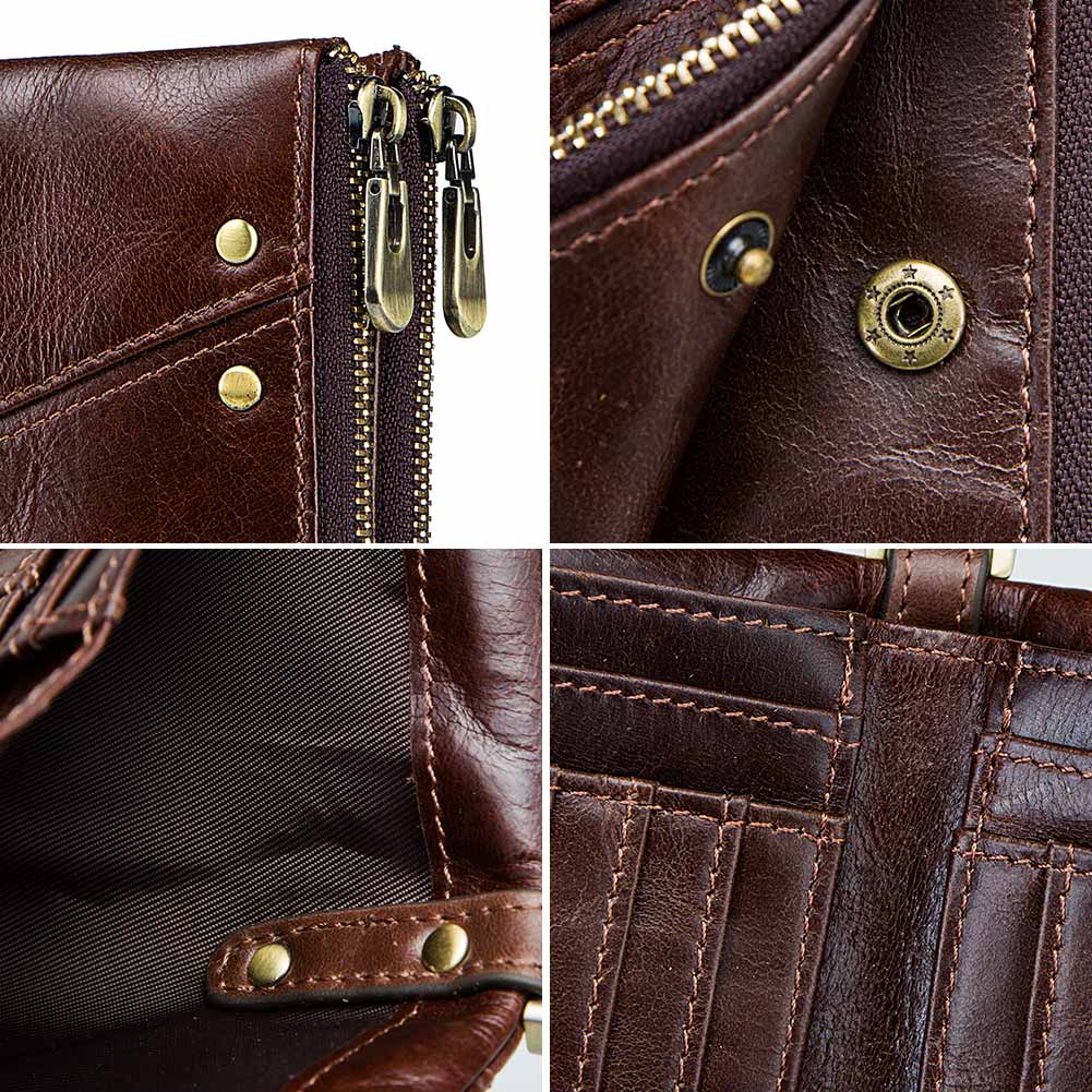 RFID Blocking Men's Wallets With Chain High Quality Cowhide Zipper Coin Pocket Card Holder Anti-Theft Chain Clutch Money Bag