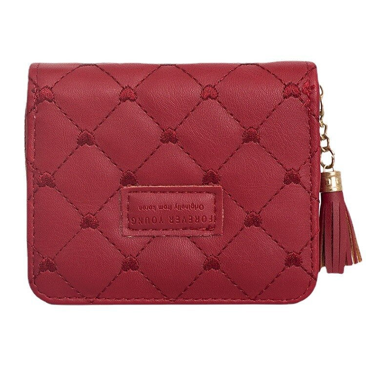 Japanese and Korean Ladies New Rhombus Tassel Wallet Trendy Magnetic Snap Zipper Coin Purse Short Folding Card Holder