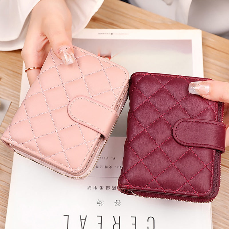 Geestock Fashion Organ Card Holder Wallets for Women Lingge Short Purse Simple Generous Ladies Zipper Wallet Credit Holders