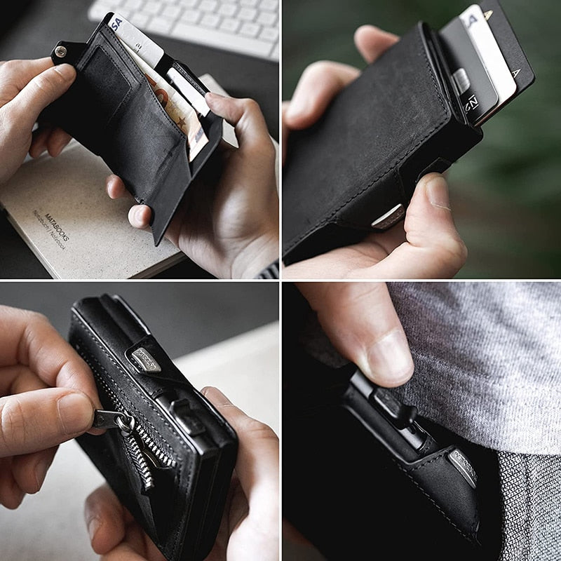 Vintage Crazy Horse Leather Slim Wallets Luxury RFID Protection Mini Metal Wallet Zipper Coin Pocket for Men and Women