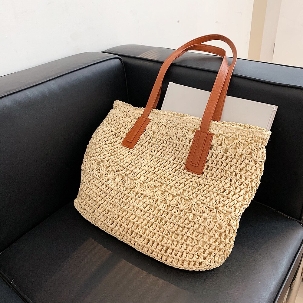 Straw Beach Bag Vintage Handmade Woven Shoulder Bag Bohemian Summer Vacation Casual Shoulder Bag Shopping Pouch