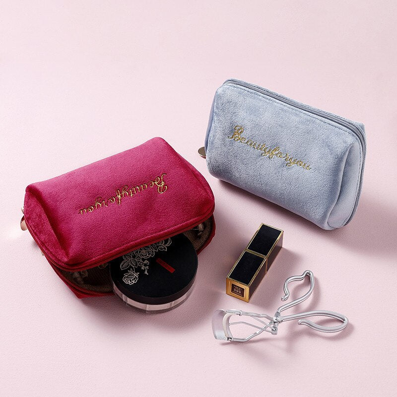 PURDORED 1 Pc Gold Thread Embroidery Cosmetic Bag for Women Vintage Velvet Make Up Bag Travel Solid Color Female Make Up Pouch
