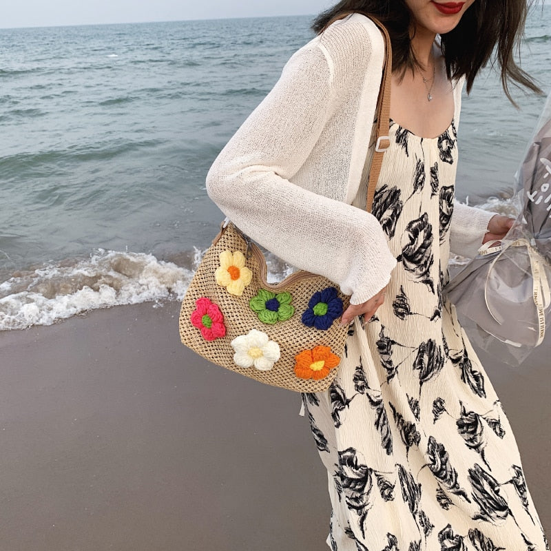 Fashion Straw Beach Bag Lady Girls Boho Handade Woven Shoulder Bags Raffia Rattan Handbag Knitted Floral Travel Messenger Bag
