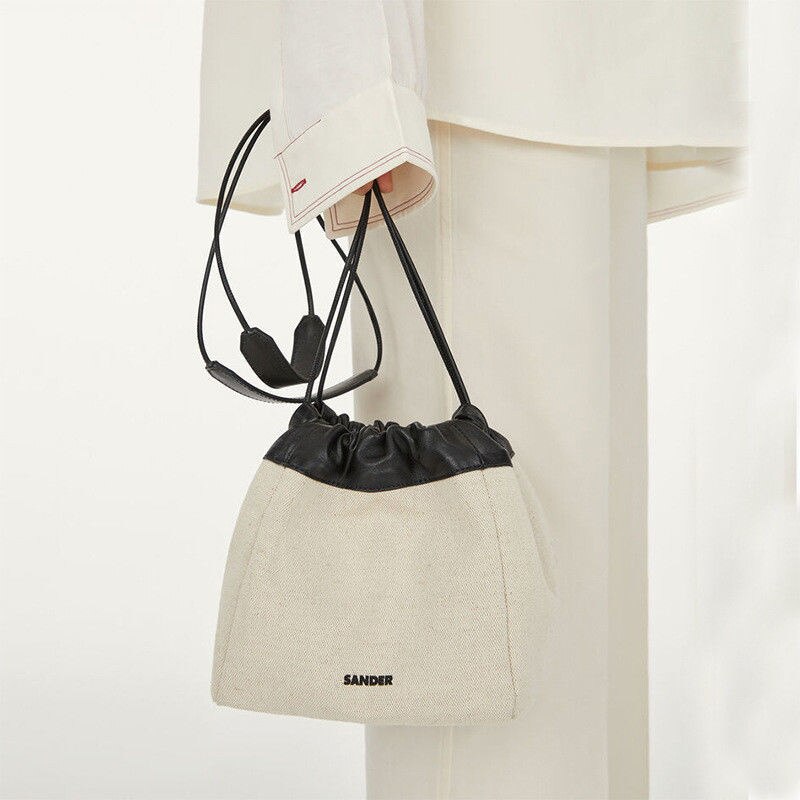 Niche Design Canvas Leather Dumpling Bag INS Drawstring Crossbody Shoulder Wonton Bucket Bag Dual-use Ladies