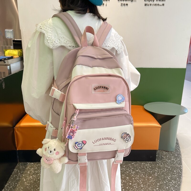 DCIMOR New Letter Printing Women Backpack Female Multi-pocket Contrast Color Nylon Book Bag College Ladies Schoolbag Girl Travel
