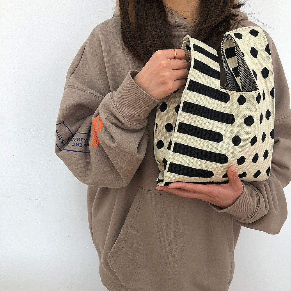 Designer Polka Dot Women's Knitting Shoulder Bag Portable Clutch Purse Handbags Summer Beach Bag Female Small Tote Shopping Bags