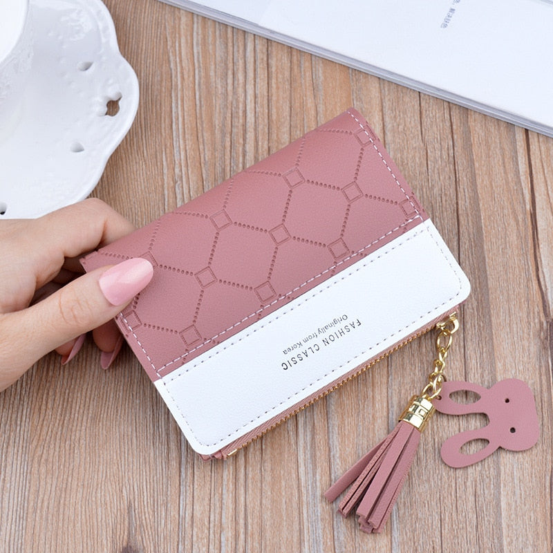 New Arrival Short Women Wallets Tassel Zipper Purse Patchwork Fashion Panelled Wallets Trendy Coin Purse Card Holder Leather