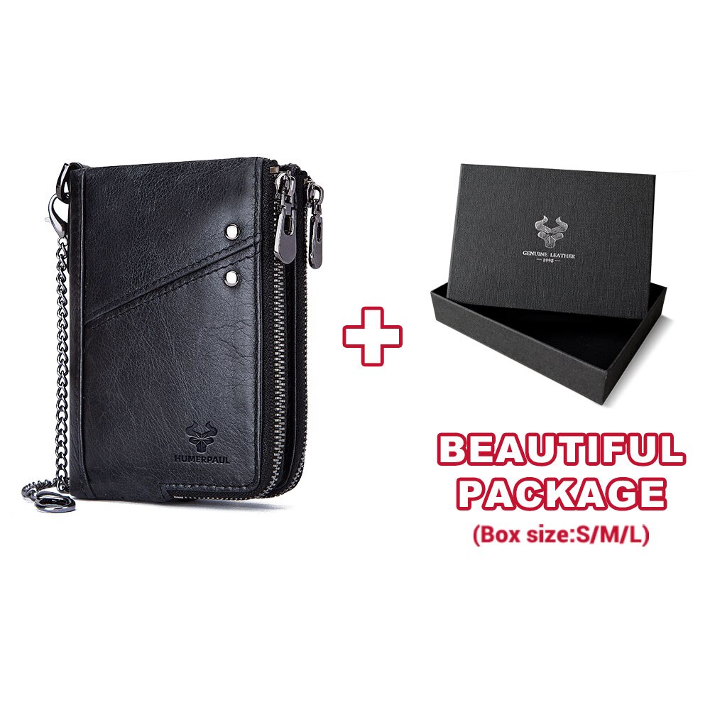 RFID Blocking Men's Wallets With Chain High Quality Cowhide Zipper Coin Pocket Card Holder Anti-Theft Chain Clutch Money Bag