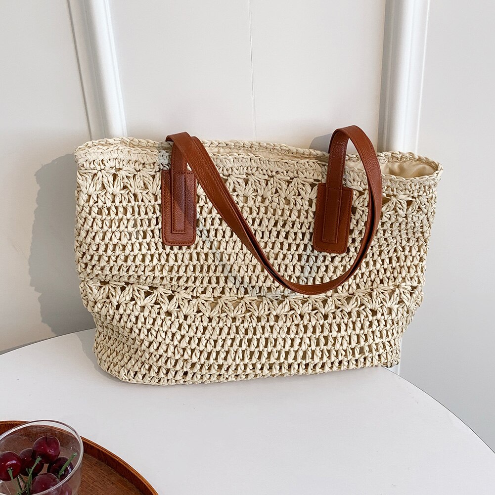 Straw Beach Bag Vintage Handmade Woven Shoulder Bag Bohemian Summer Vacation Casual Shoulder Bag Shopping Pouch
