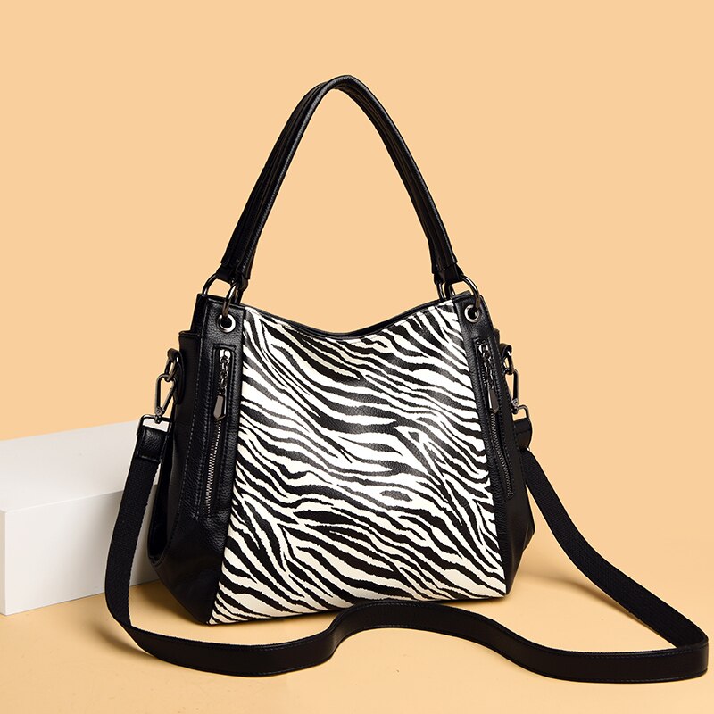YILIAN Leopard print middle-aged woman's handbag soft leather armpit bag fashionable zebra-print large bag high-end tote bag