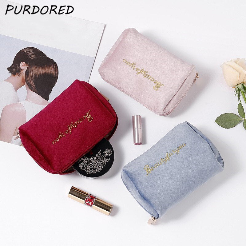 PURDORED 1 Pc Gold Thread Embroidery Cosmetic Bag for Women Vintage Velvet Make Up Bag Travel Solid Color Female Make Up Pouch