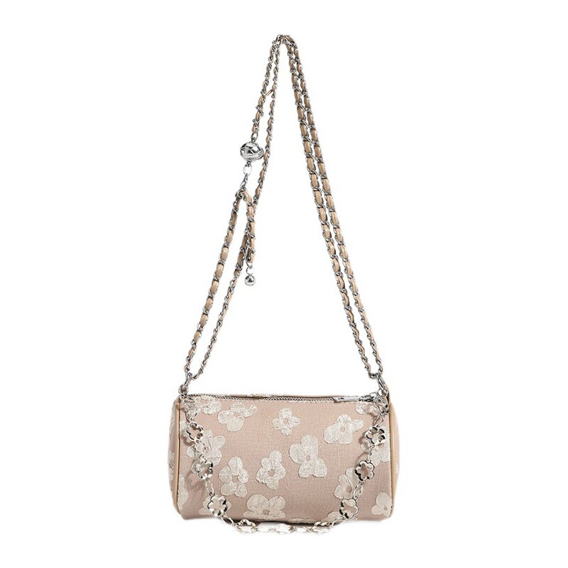 Canvas Chain Mini Shoulder Crossbody Bag Woman Flower Zipper Underarm Bags Solid Color All-Match Boston Barrel Handbag