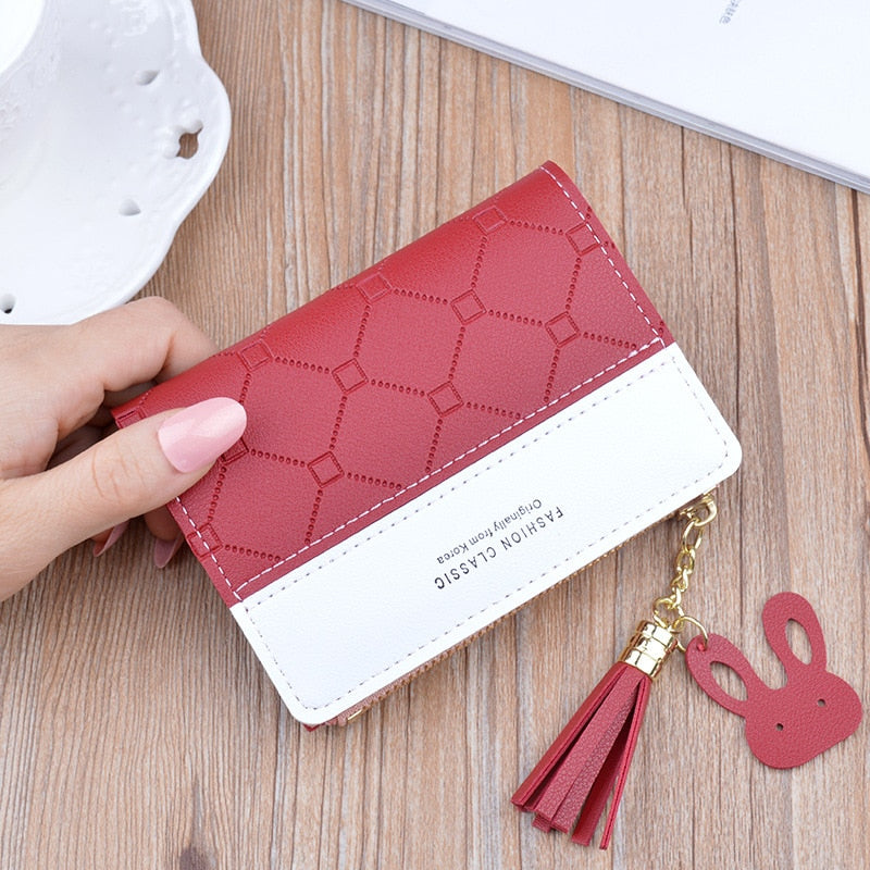 New Arrival Short Women Wallets Tassel Zipper Purse Patchwork Fashion Panelled Wallets Trendy Coin Purse Card Holder Leather