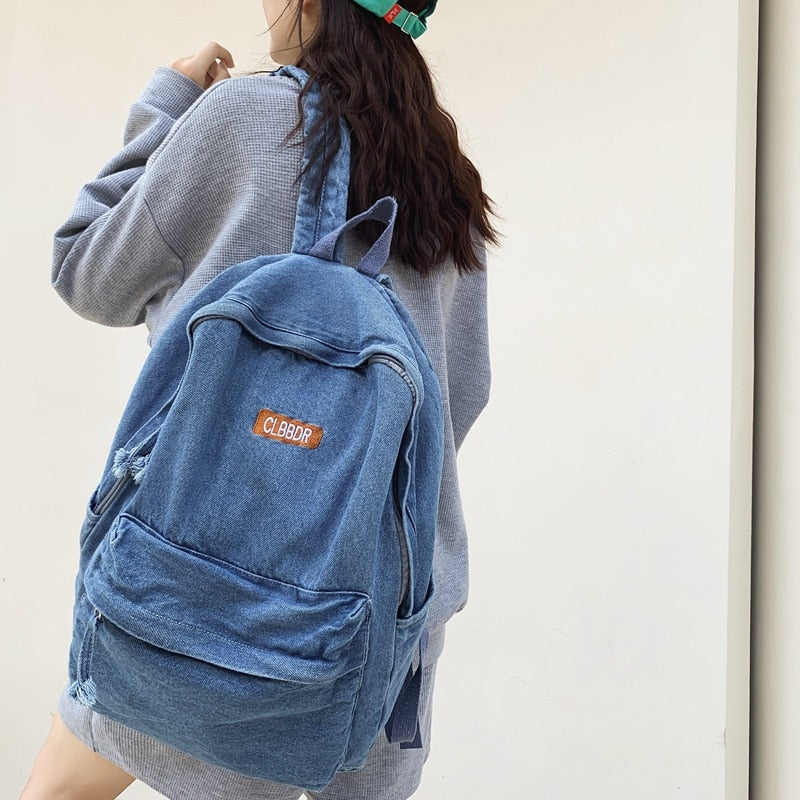 Female Casual Denim Big Capacity Backpack Back To School 90s Fashion Y2K Travel Casual Street Cloth Textile Book Laptop Rucksack